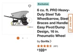 Gorilla 6 Cu. Ft. Heavy Duty Wheelbarrow. Fixed Price $120.00.