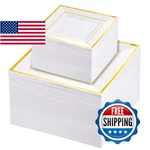 Liacere 100PC White Gold Square Plastic Plates - 50X 9.5" Dinner, 6" Dessert. Fixed Price $83.32.