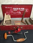 Vtg Red Metal Box & Tools Plane Hand Drill Kids The American Teach Fun. Fixed Price $35.98.