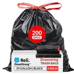 Reli. 39 Gallon Trash Bags Drawstring 200 Count Heavy Duty Black Garbage Lawn Le. Fixed Price $98.66.