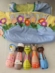 5 Peter Rabbit Wooden Skittles Beatrix Potter Orange Tree Toys W/ Pouch Cottage. Fixed Price $25.95.